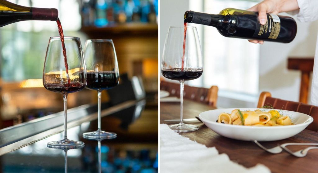 Red wine is poured into Made In's red wine glasses.