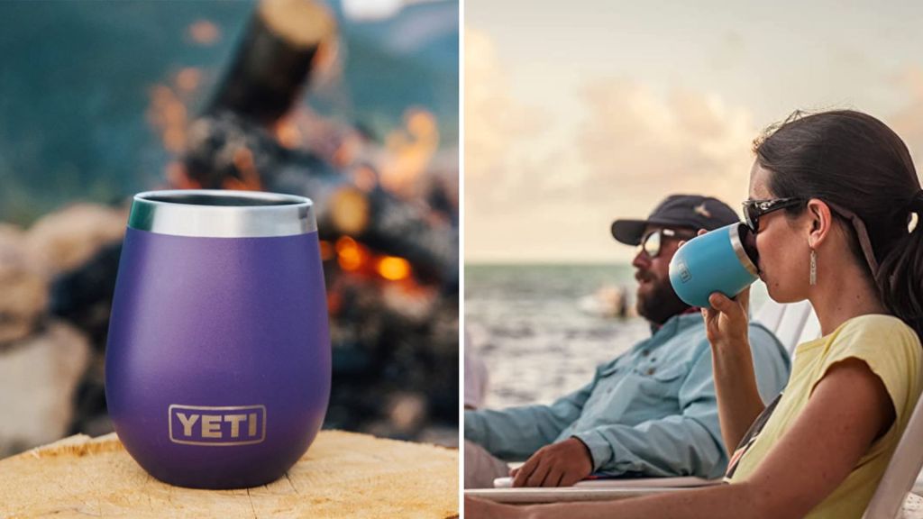 The Yeti wine tumbler in purple, and the profile of a woman drinking a blue Yeti wine tumbler.